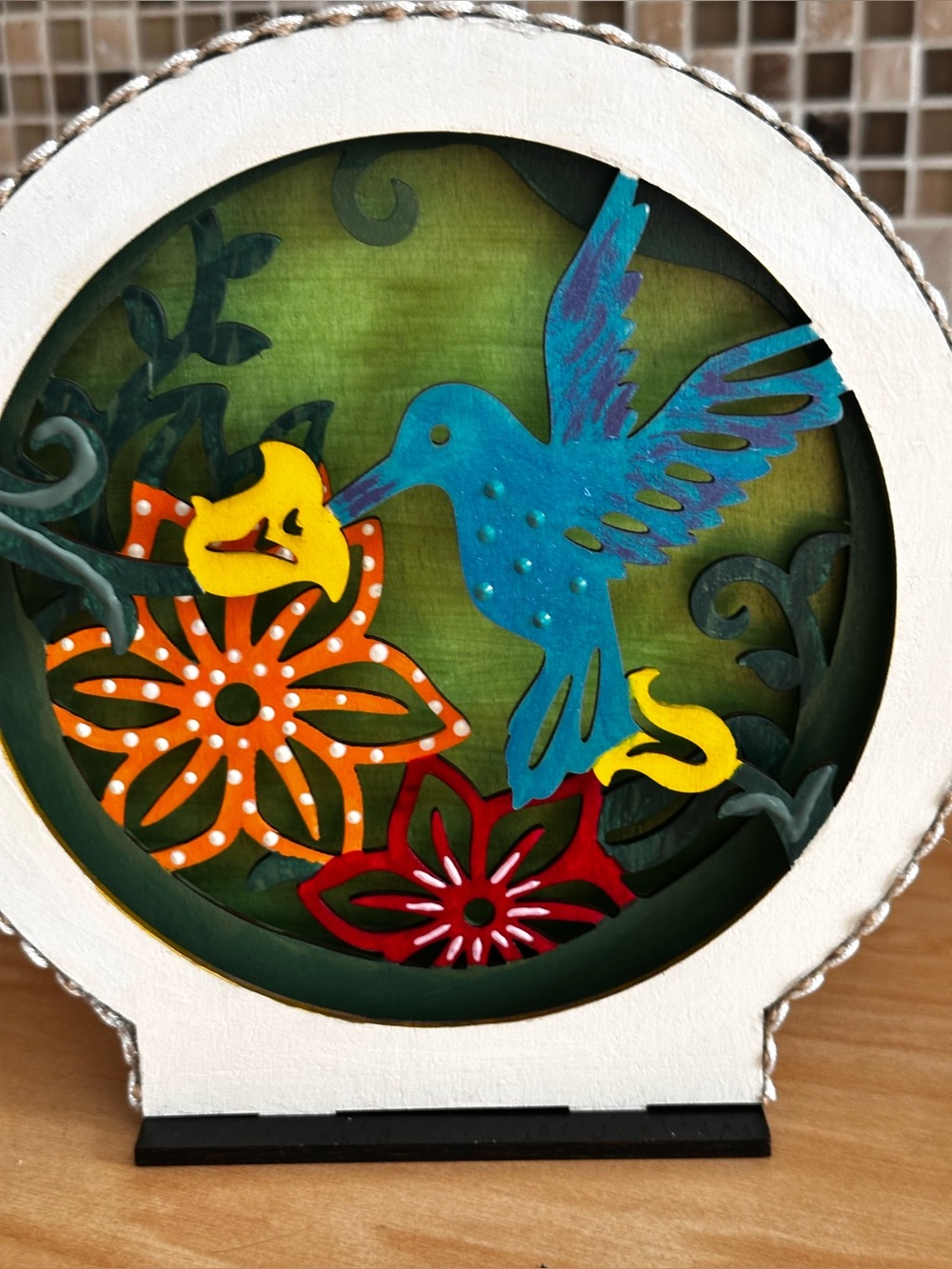 Hand Crafted Blue Hummingbird with Orange & Yellow Flowers 3d Shadow Box decor - Picture 5 of 15